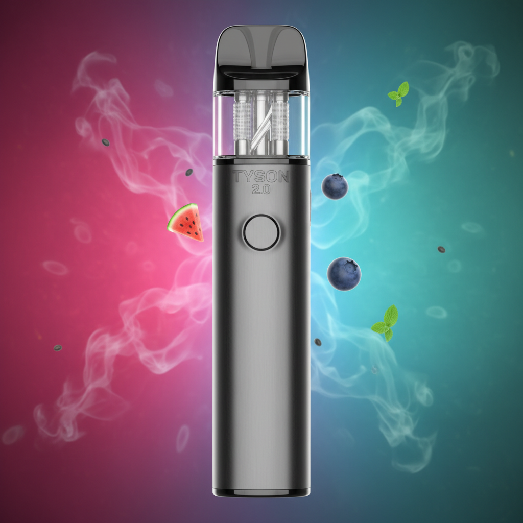 Tyson Vape Close-Up: A close-up of the device with fruity flavor gradients.