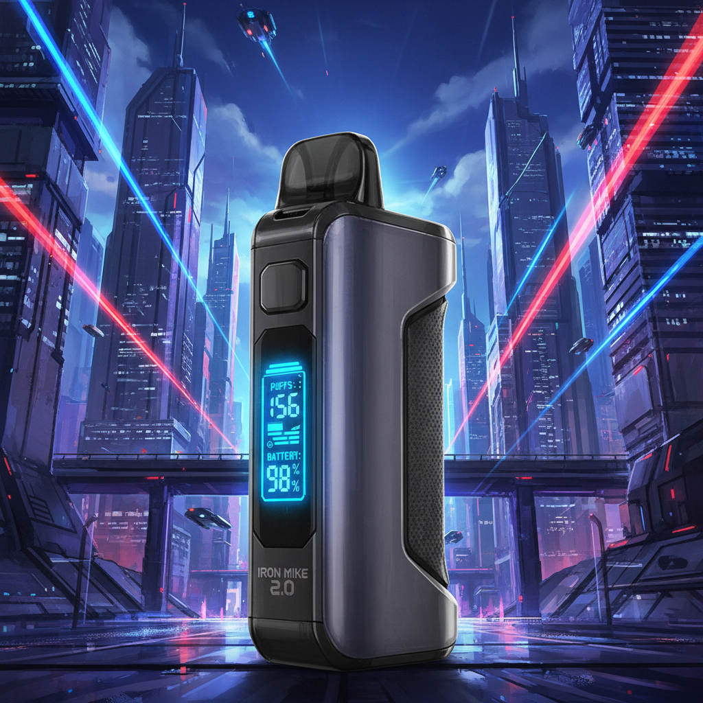 Iron Mike Vape Futuristic: A futuristic cityscape featuring the Iron Mike model with a digital display.