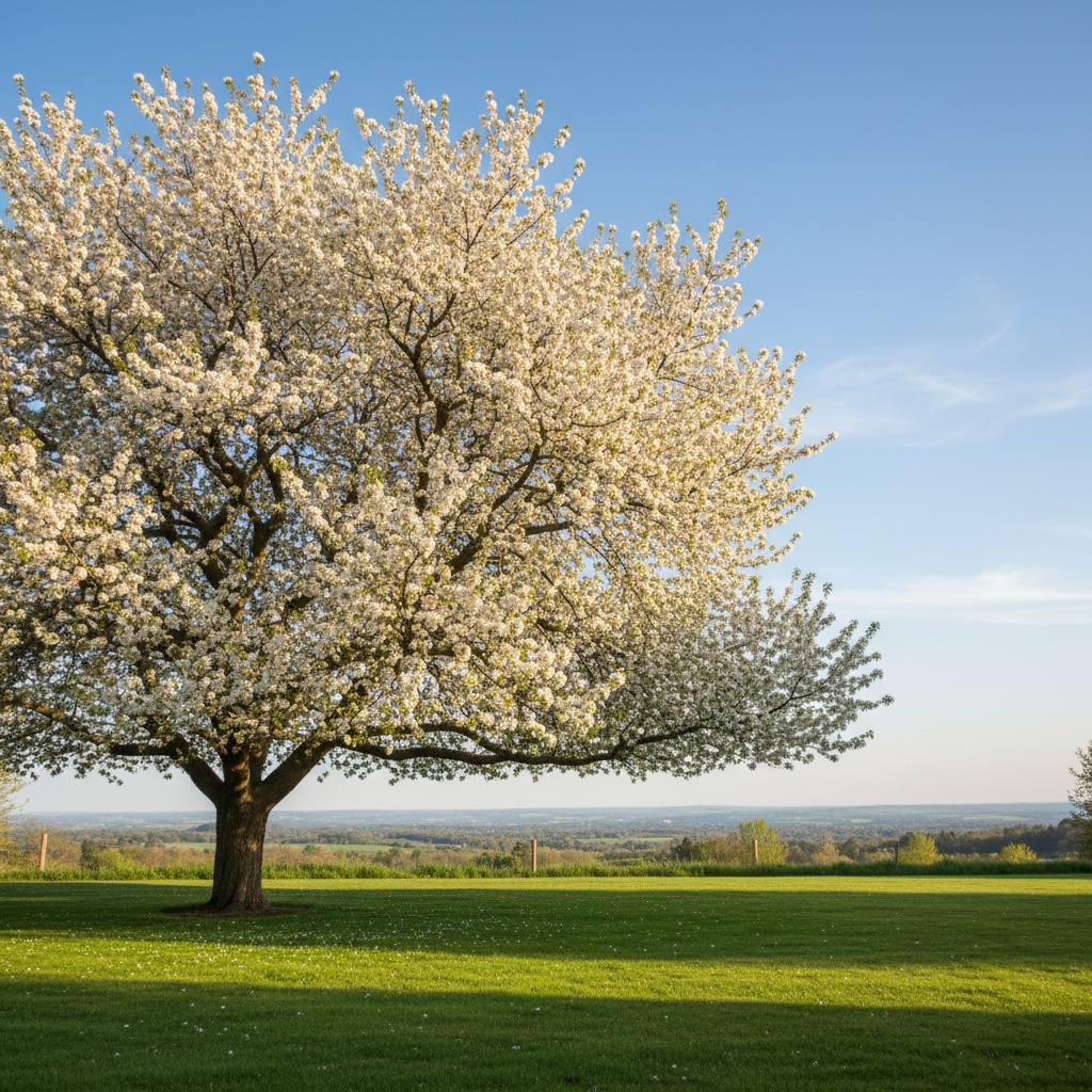 Navigator Pear in Bloom: A serene garden scene with the tree in full white blossom.