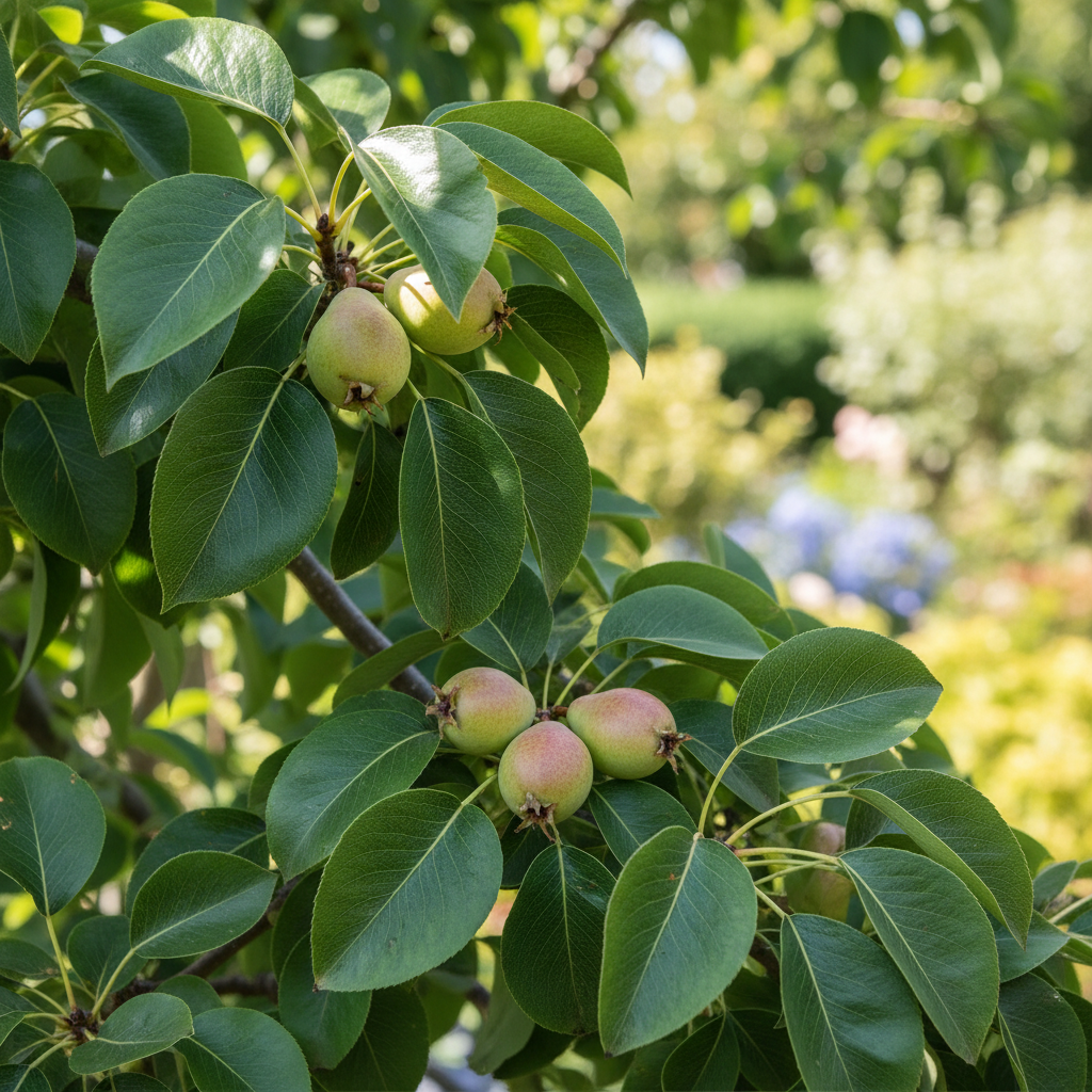 Navigator Pear Close-Up: A detailed view of its glossy leaves and ornamental fruits.