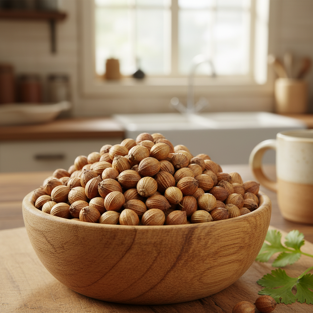 Coriander Seeds Close-Up: A warm, earthy close-up of coriander seeds in a wooden bowl.
