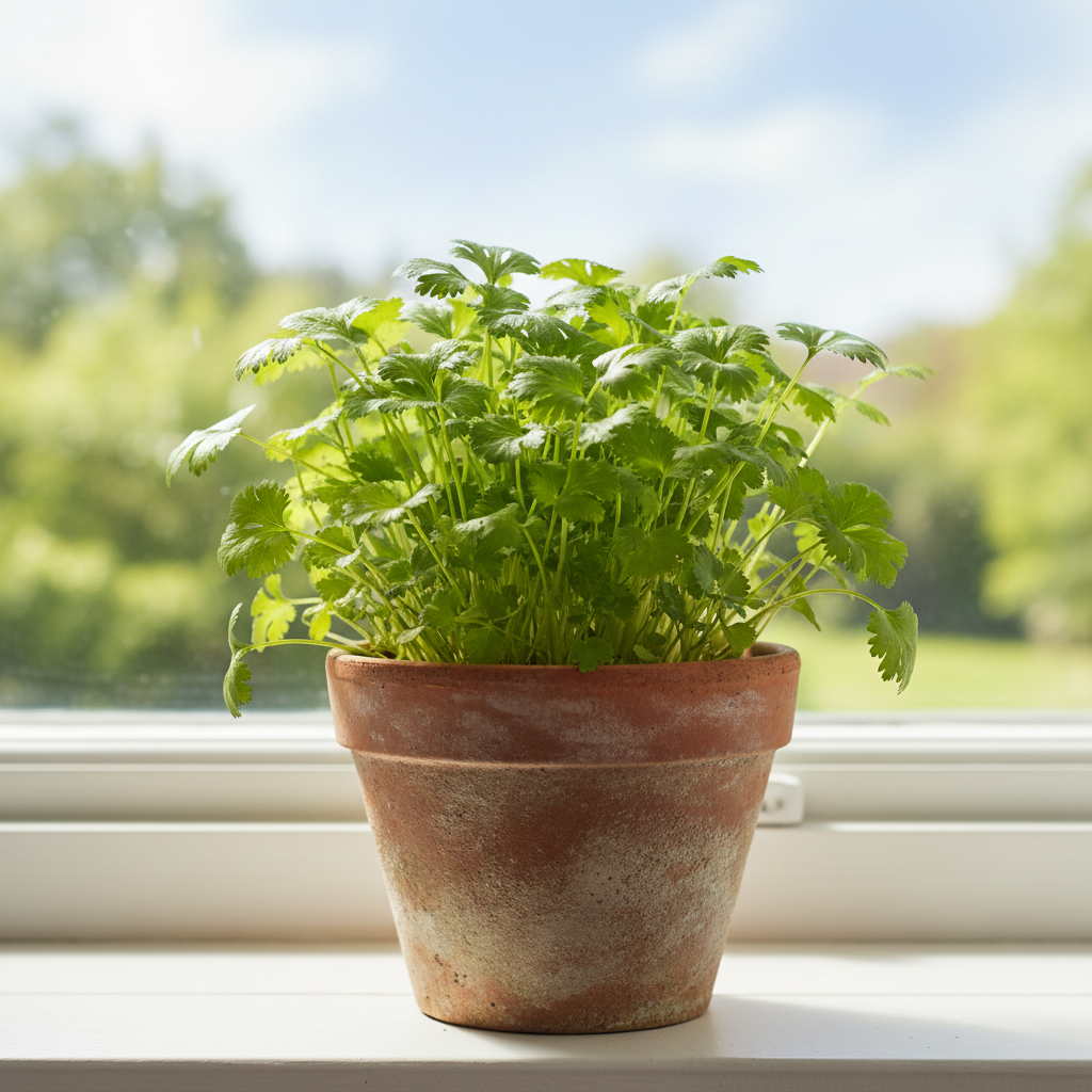 Coriander Plant in Pot: A coriander plant in a terracotta pot on a sunny windowsill.
