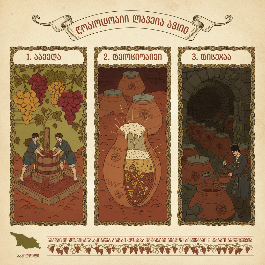 Qvevri Winemaking Infographic: Explains the traditional Georgian winemaking process.