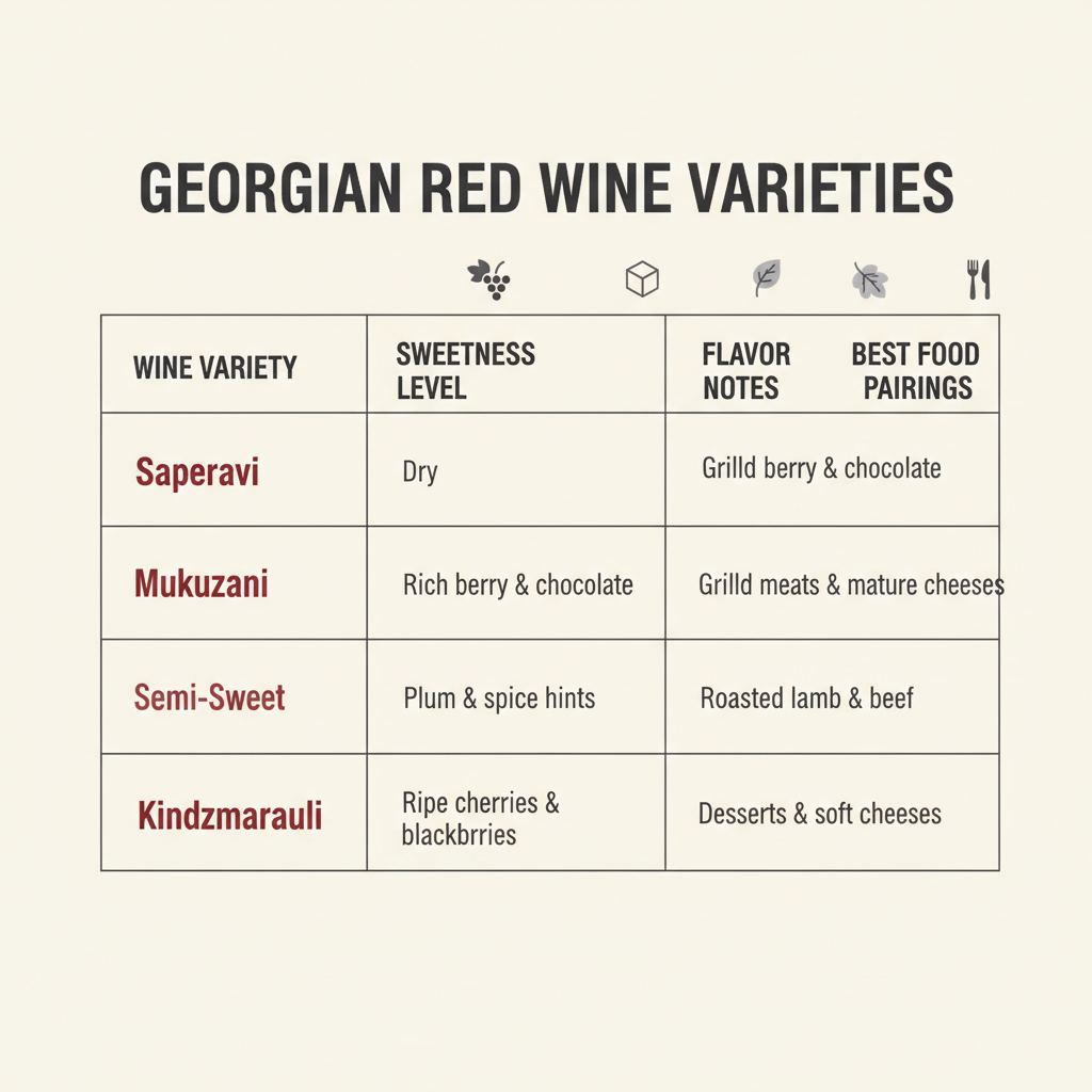 Georgian Wine Comparison Table: Highlights wine varieties, sweetness levels, and pairings.