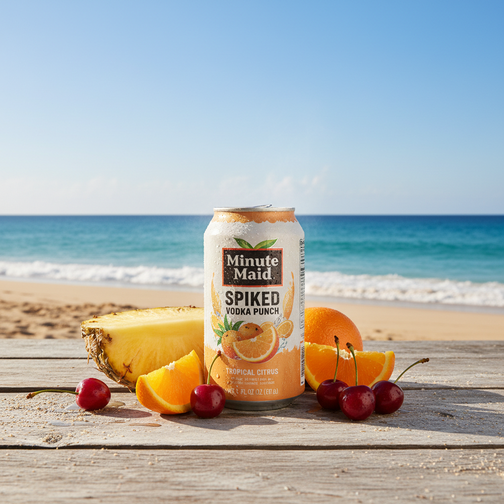 Minute Maid Spiked Vodka Punch: A can on a beachside table with tropical fruits and an ocean backdrop.