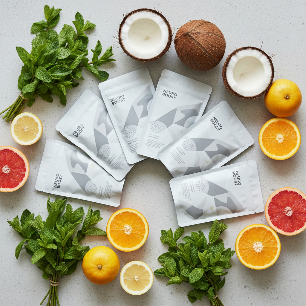 Flat-Lay Nootropic Pouches: A clean, modern flat-lay of pouches and fresh ingredients.