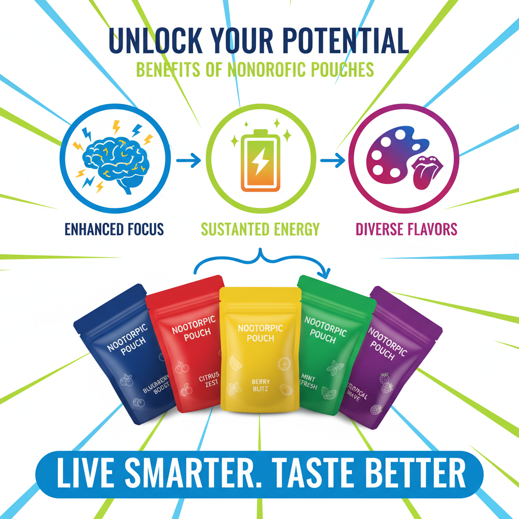 Nootropic Pouches Benefits: Infographic-style image highlighting focus, energy, and flavor.