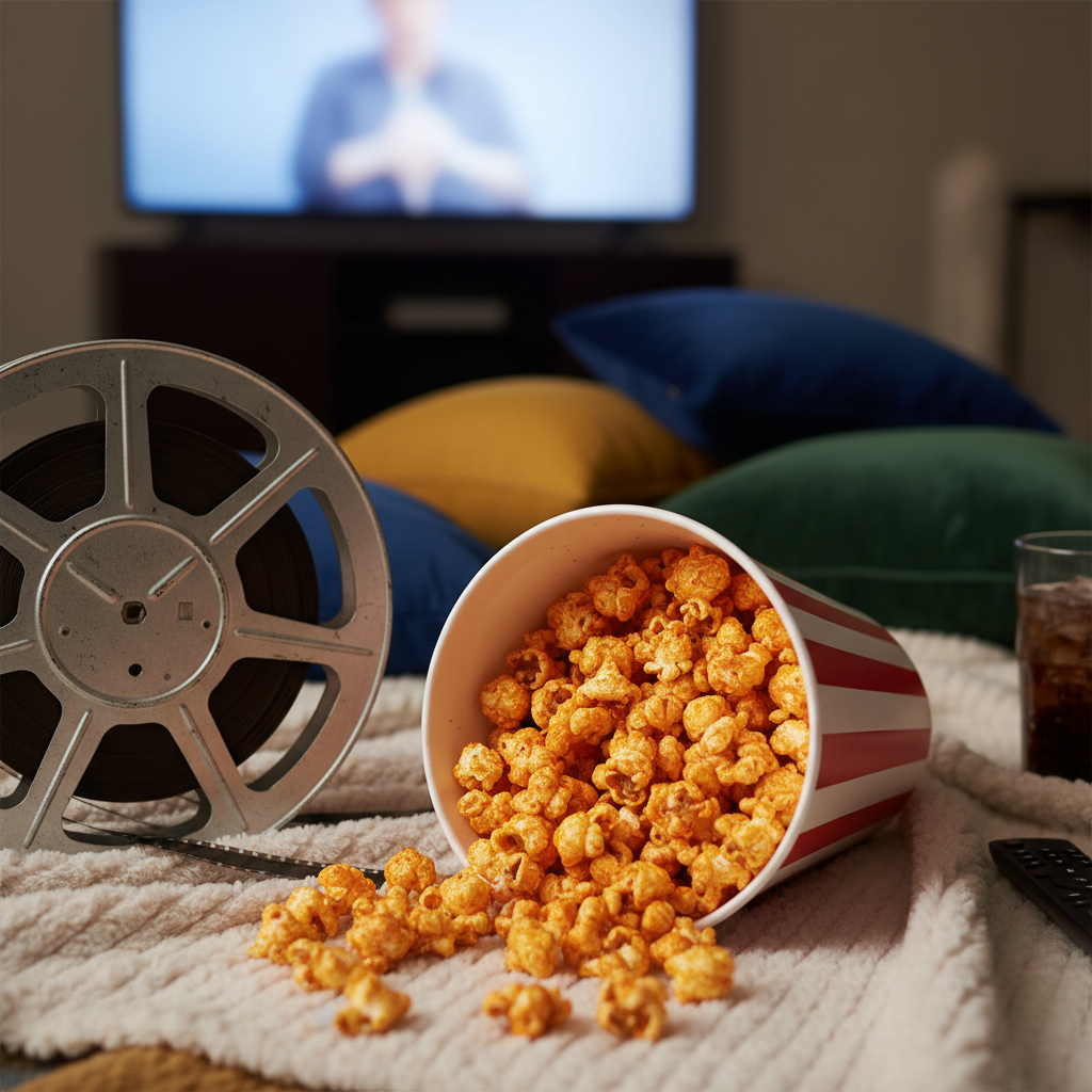 Hot Cheetos Popcorn Movie Night: A cozy movie night theme featuring Hot Cheetos Popcorn.