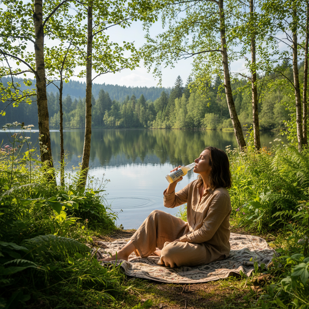 Feel Free Drink Wellness Scene: A serene outdoor scene highlighting relaxation and wellness.