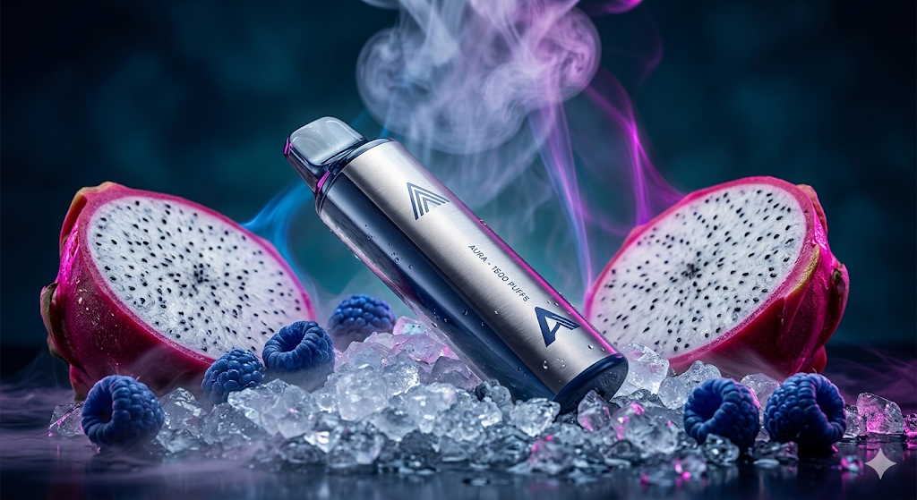 Iced Blue Dragon RAZ vape flavor showcased with dragonfruit and blue raspberries on crushed ice with blue and magenta lighting
