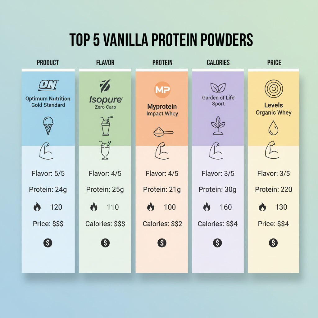 Vanilla Protein Powder Comparison: A sleek visual comparison chart of the top 5 vanilla protein powders.