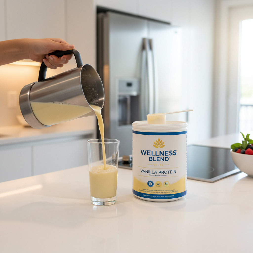 Blending Vanilla Protein Shake: A lifestyle image of someone blending a creamy vanilla shake in a modern kitchen.