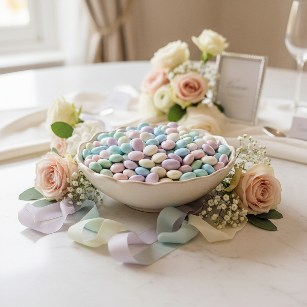 Colorful Jordan Almonds Bowl: A vibrant display of pastel Jordan almonds in a wedding-themed setting.