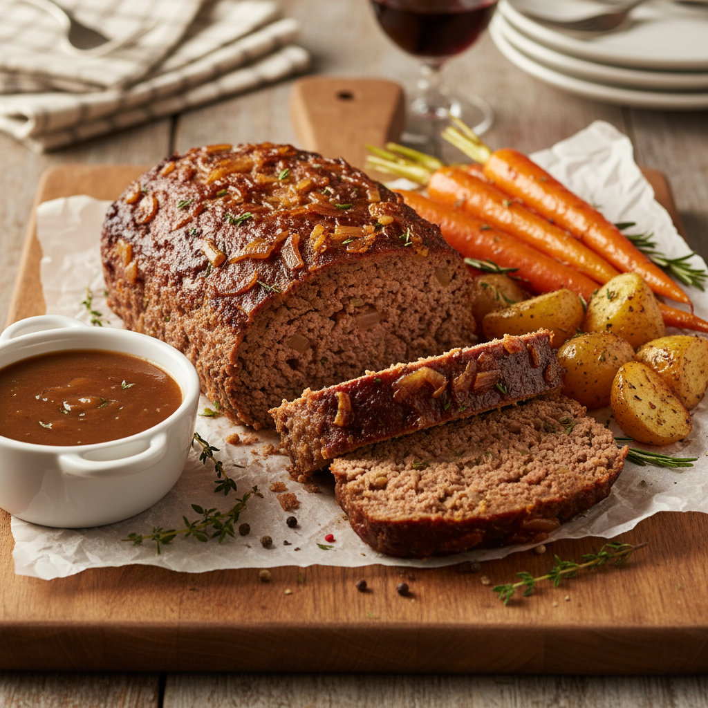 Lipton Onion Soup Mix Meatloaf: A warm and inviting image of a sliced meatloaf surrounded by roasted vegetables.