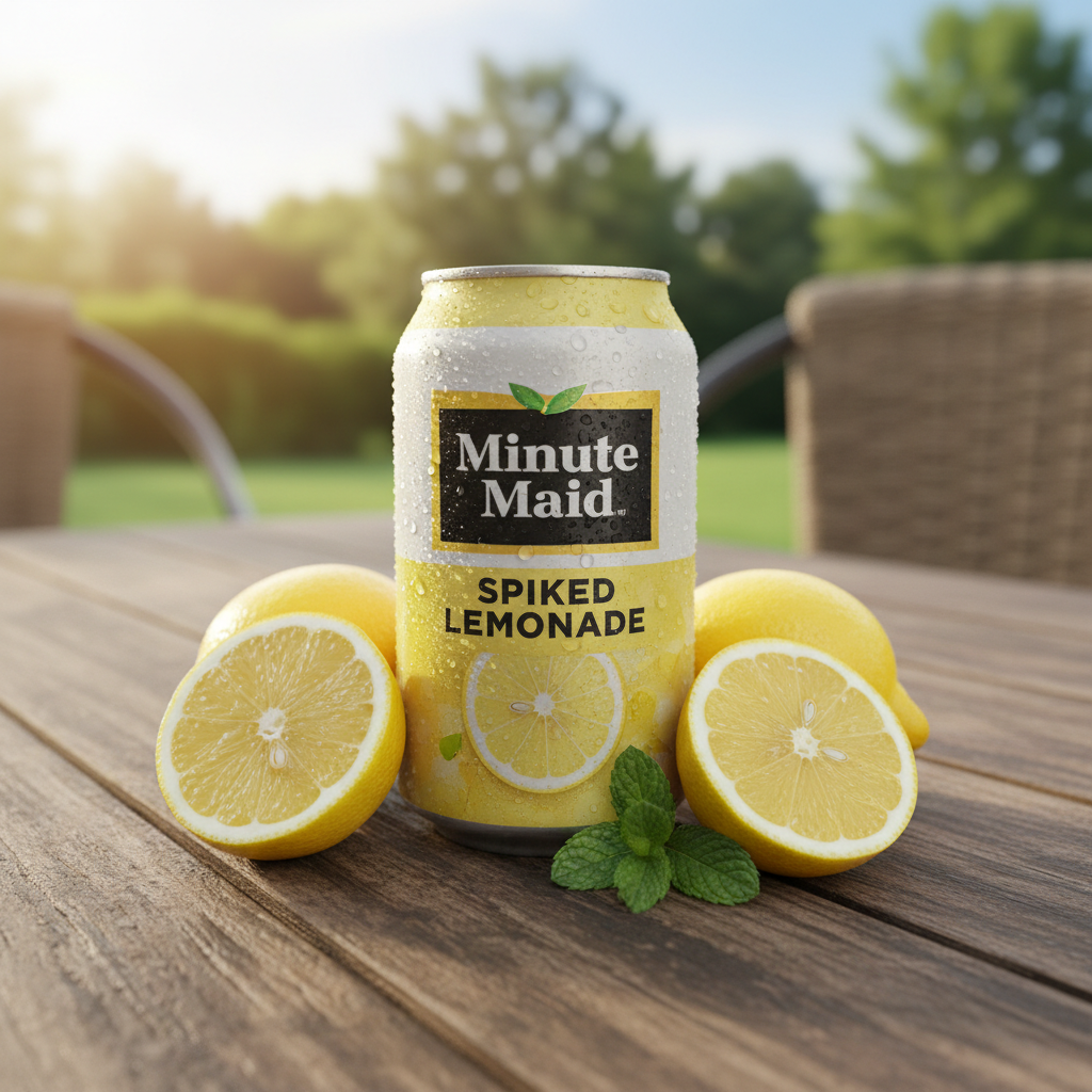 Minute Maid Spiked Lemonade: A chilled can on a wooden table with fresh lemons and mint in a sunny outdoor setting.