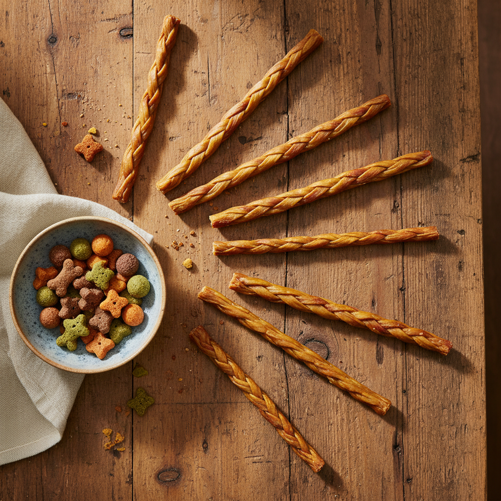 Beef Pizzle Sticks Display: A flat-lay of various beef pizzle sticks on a rustic wooden table, accompanied by a small bowl of dog treats.
