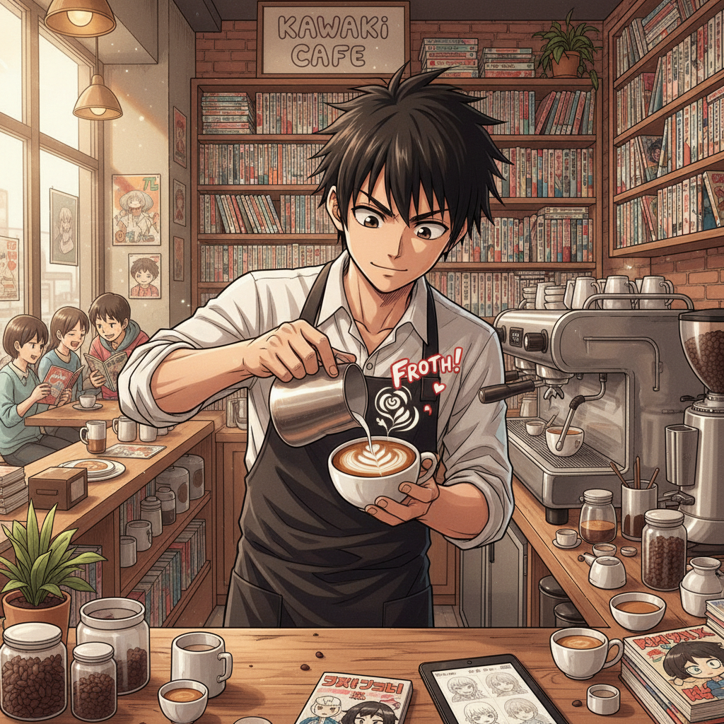 Barista in Manga Cafe: A detailed illustration of a barista creating latte art in a manga-style cafe, with manga books on the counter.