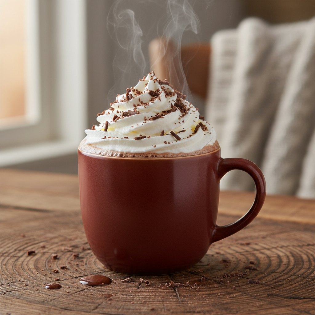 Milky Choco Hot Chocolate: A cozy close-up of a steaming cup of hot chocolate made with milky choco, topped with whipped cream and chocolate shavings.