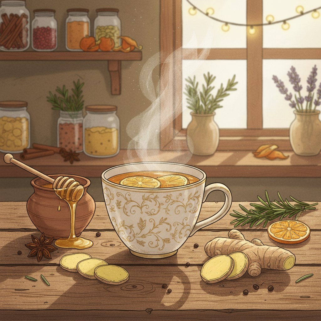 Ginger Tea with Honey: A detailed illustration of a steaming cup of ginger tea with fresh ginger slices and honey, placed on a rustic wooden table in a warm kitchen setting.