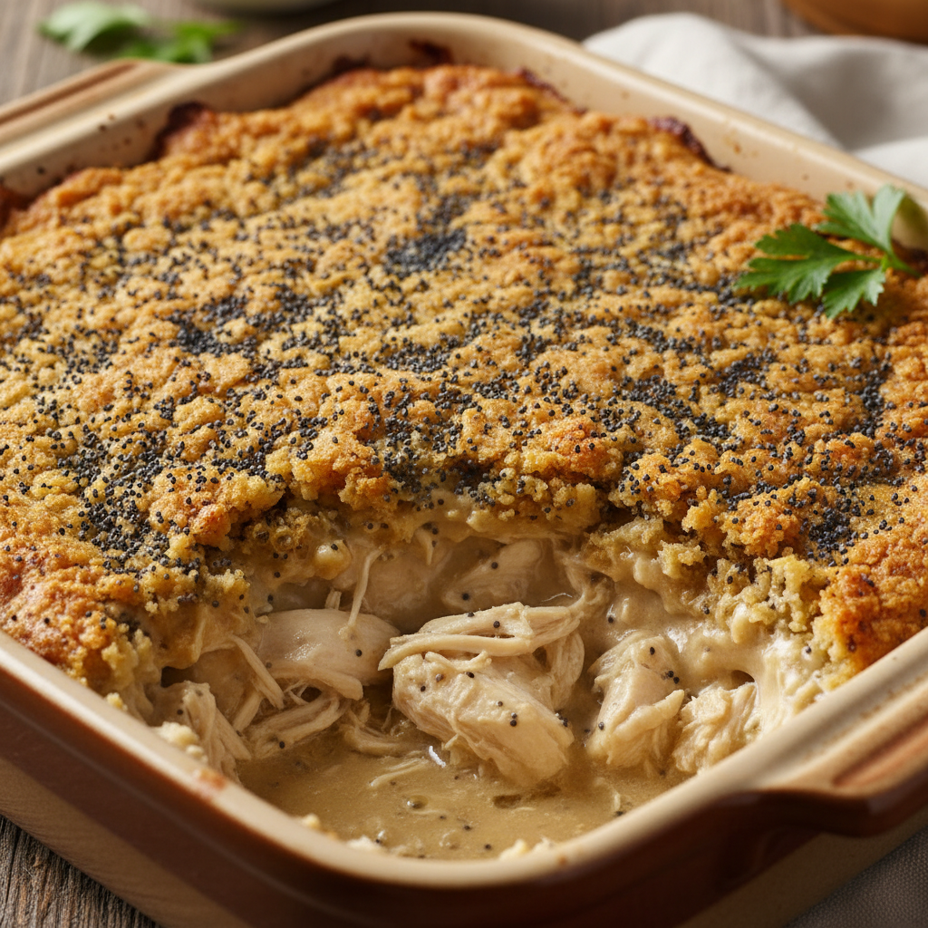 Poppy Seed Chicken Casserole: A close-up of a golden, crispy poppy seed chicken casserole served in a rustic dish.