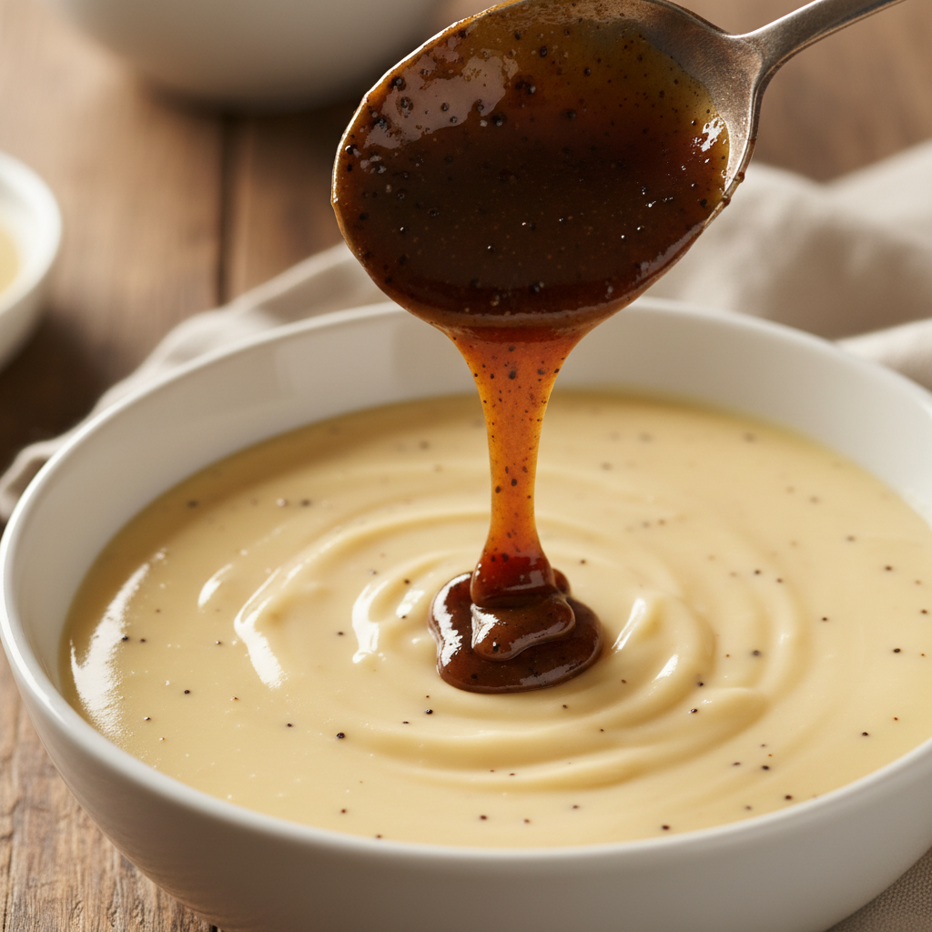 Vanilla Bean Paste in Custard: A close-up of vanilla bean paste being drizzled into a bowl of creamy custard, highlighting the black vanilla specks.