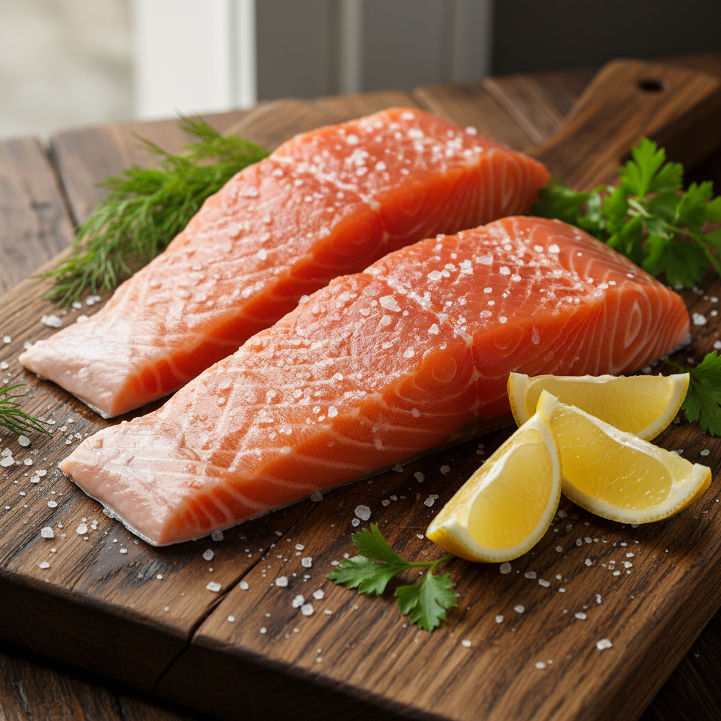 Raw Atlantic King Salmon Fillets: A close-up of raw fillets on a wooden cutting board, surrounded by fresh herbs, lemon wedges, and sea salt.