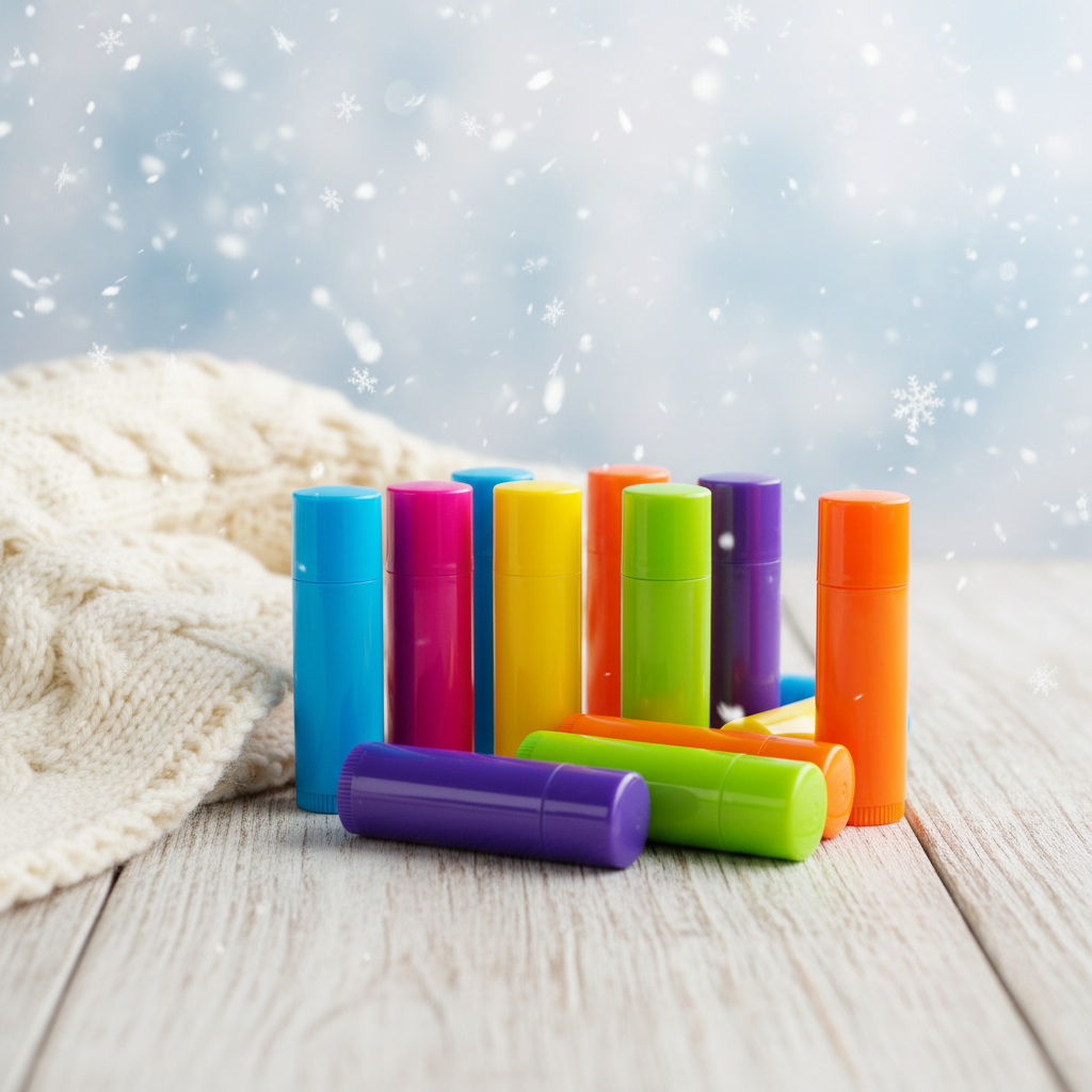 Chap Lip Balm Winter Visual: A vibrant depiction of various chap lip balms in colorful packaging, arranged on a wooden table with a winter scarf and snowflakes in the background.