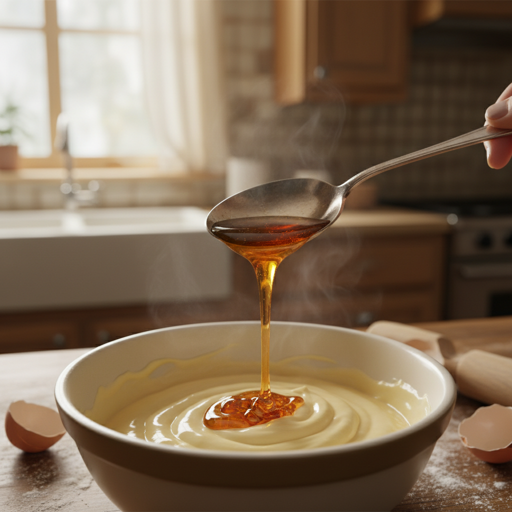 Maple Syrup as Vanilla Substitute: A close-up of a spoon drizzling maple syrup into a mixing bowl, showcasing its use as a substitute for vanilla extract in baking.