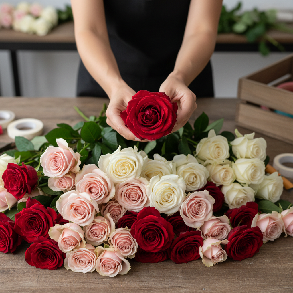 Making a Ramo Buchon Guide: A step-by-step visual guide showing hands arranging a ramo buchon bouquet with roses, floral tape, and gold-lined wrapping paper, highlighting the spiral technique.