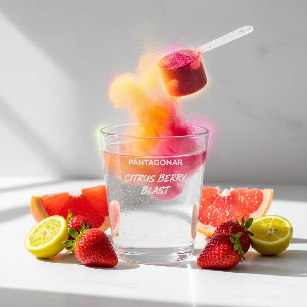 Pantagonar Citrus Berry Visual: Highlights the citrus and berry flavor profile with a modern, health-focused design.