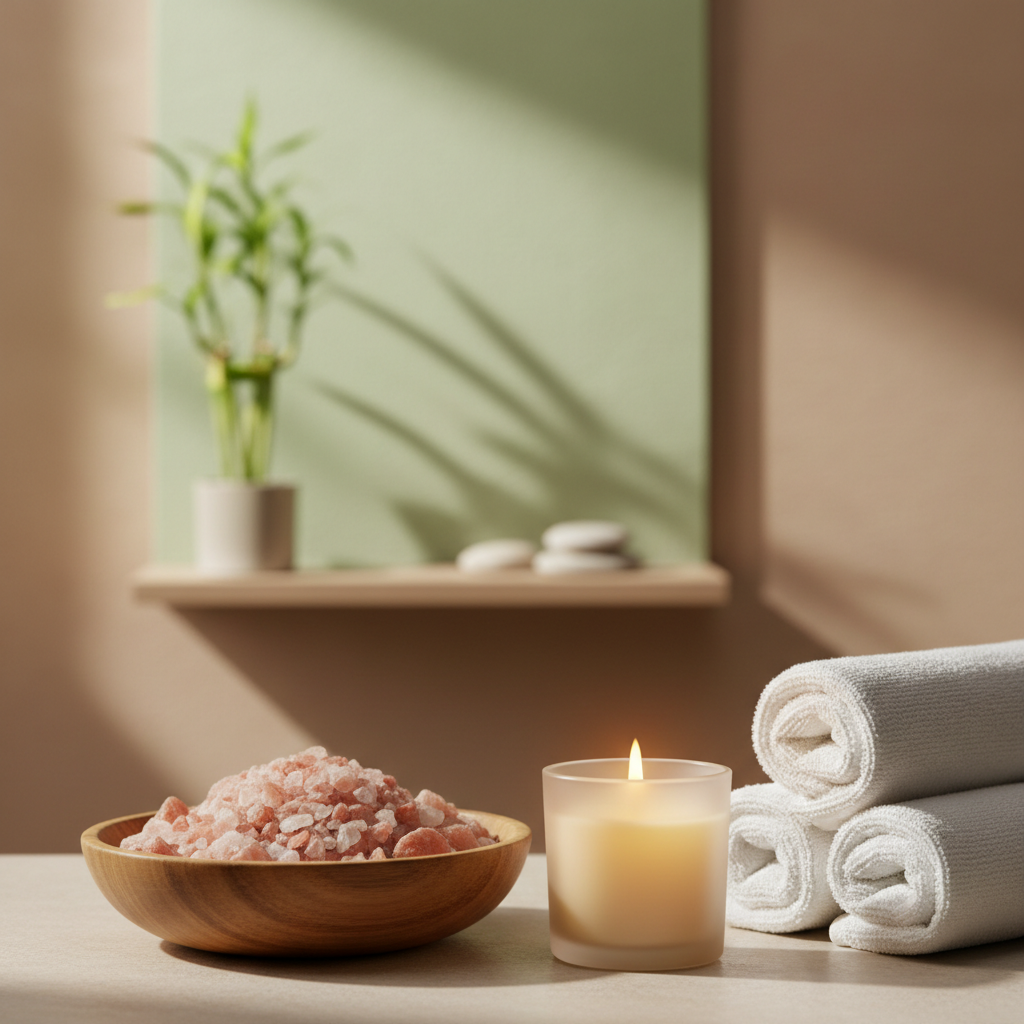 Himalayan Rock Salt Spa Setting: A serene spa-like scene with Himalayan rock salt crystals, a lit candle, and a towel, evoking relaxation.