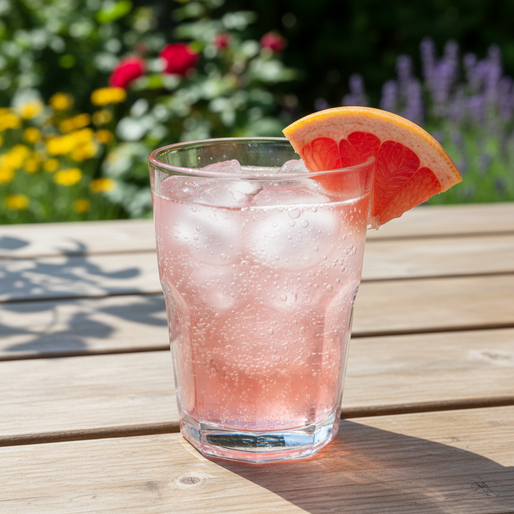 Chilled Grapefruit Soda Glass: A vibrant image of a chilled glass of grapefruit soda with ice cubes and a fresh grapefruit slice garnish, set in a sunny outdoor picnic setting.