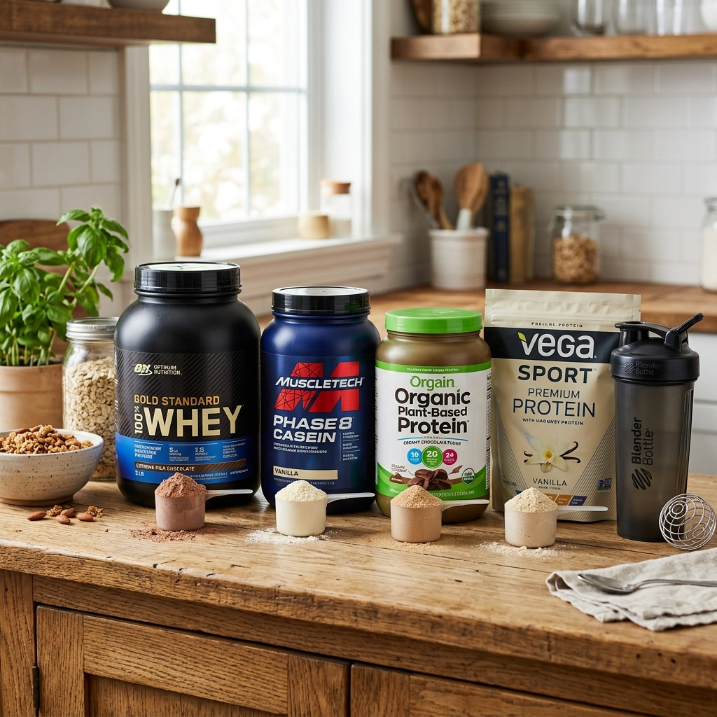Variety of protein powders with scoops and shaker bottle